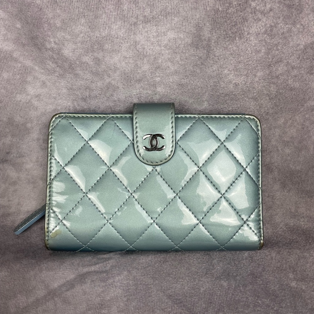 Chanel L-Zip Medium Light Blue Patent Leather Wallet